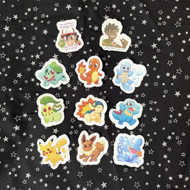 pokemon stickers. includes bulbasaur, charmander, squirtle, pikachu, eevee, chikorita, cyndaquil and totodile.