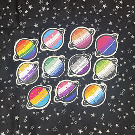 pride planet stickers. includes rainbow, transgender, lesbian, bisexual, non-binary, MLM (gay), asexual, aromantic, pansexual, genderfluid and aroace flags.